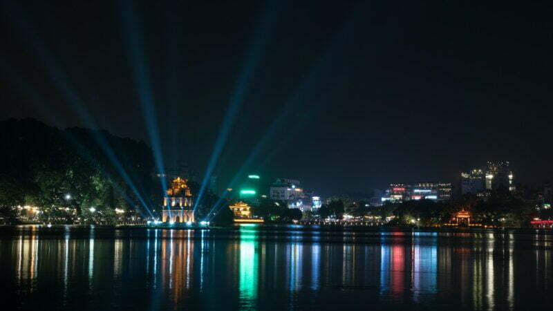 Hoan Kiem Lake in night Hanoi, Vietnam
