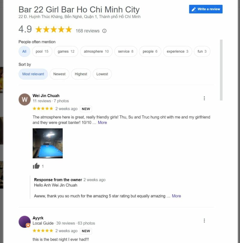 Bar 22はホーチミン市で最高評価のレディバーです